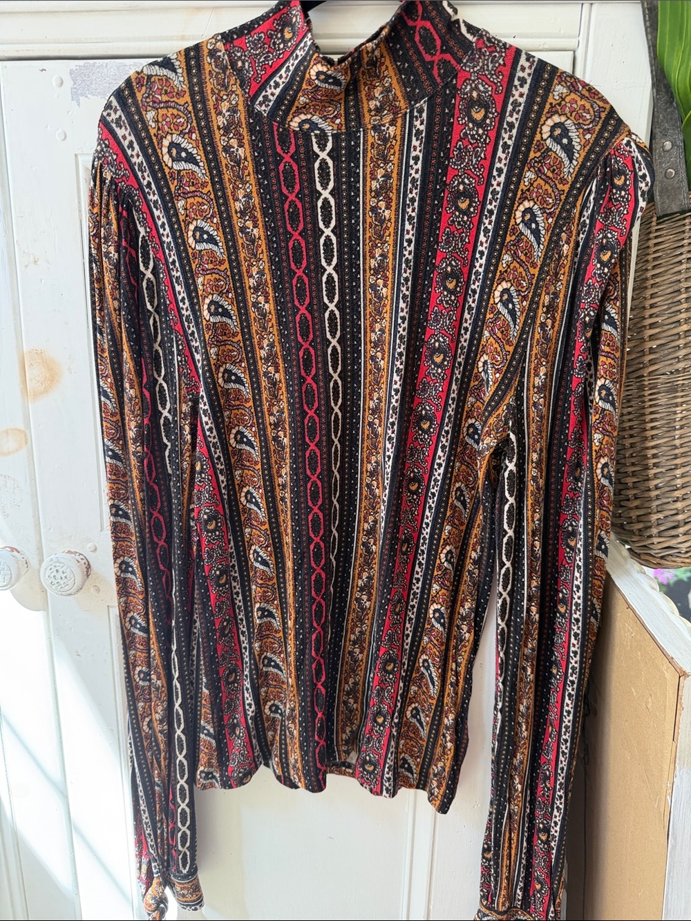 Free People Striped Paisley Mock-Neck Top in Black, Red, Brown & Gold